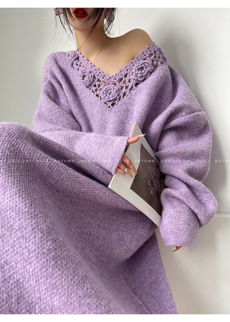 Aconiconi|Purple Flower Crochet openwork long cropped loose wool knit sweater  dress - Twilight