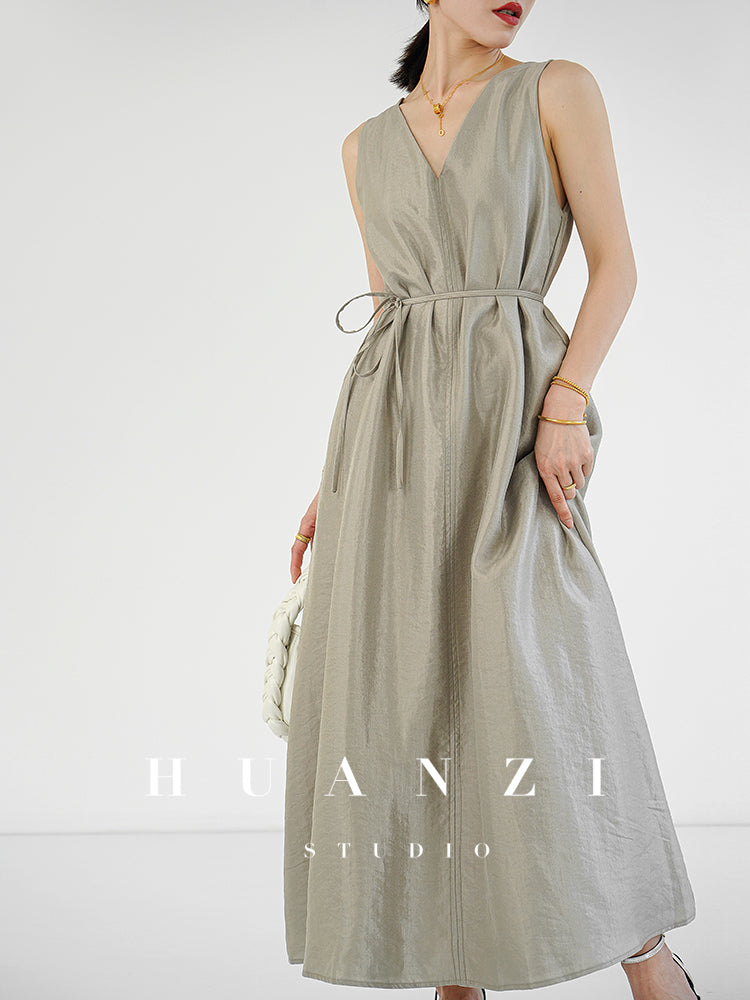 Huanzi custom high-end long sleeveless V-neck dress summer - Miel