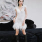 DOLLY Elegant White V-Neck Sleeveless Fluffy Feather Party short Dress-MARCELLA