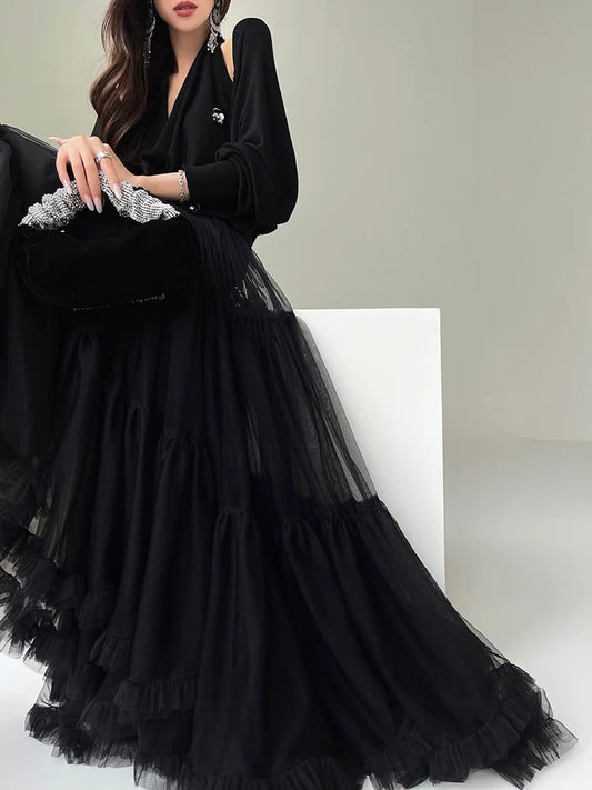 Aconiconi Elegant High Waist Ruffle Mesh Princess Long midi layered Skirt- Quiet Shadow Quicksand