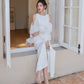 DOLLY Elegant White Retro Style Crew Neck Bubble Sleeves Long Slit Dress-RAIN