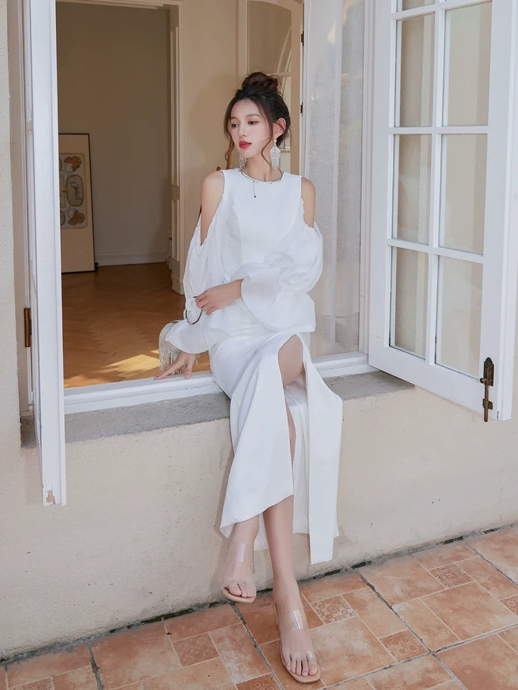 DOLLY Elegant White Retro Style Crew Neck Bubble Sleeves Long Slit Dress-RAIN