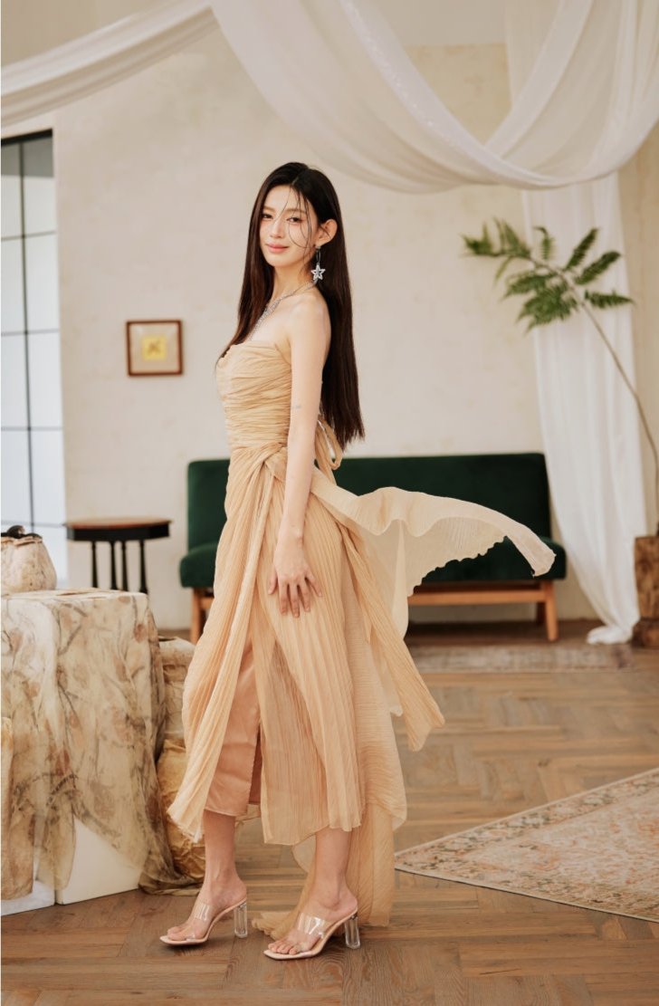 DOLLY High End Apricot Sleeveless Bandeau Slim Fit Pleated Cocktail Dress- Samai