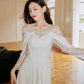 DOLLY Elegant White French Style Lace Satin Long Sleeve Wedding Dress-MEGARA