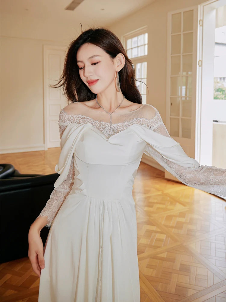 DOLLY Elegant White French Style Lace Satin Long Sleeve Wedding Dress-MEGARA