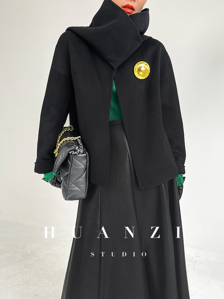 Huanzi wool tweed autumn  winter short cashmere double-sided coat - Talfy