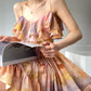 Aconiconi Elegant Oil Painting Square Collar Ruffle cocktail Dress- Floating Light Painting Summer