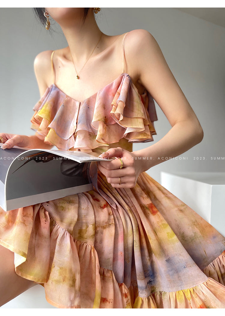 Aconiconi Elegant Oil Painting Square Collar Ruffle cocktail Dress- Floating Light Painting Summer