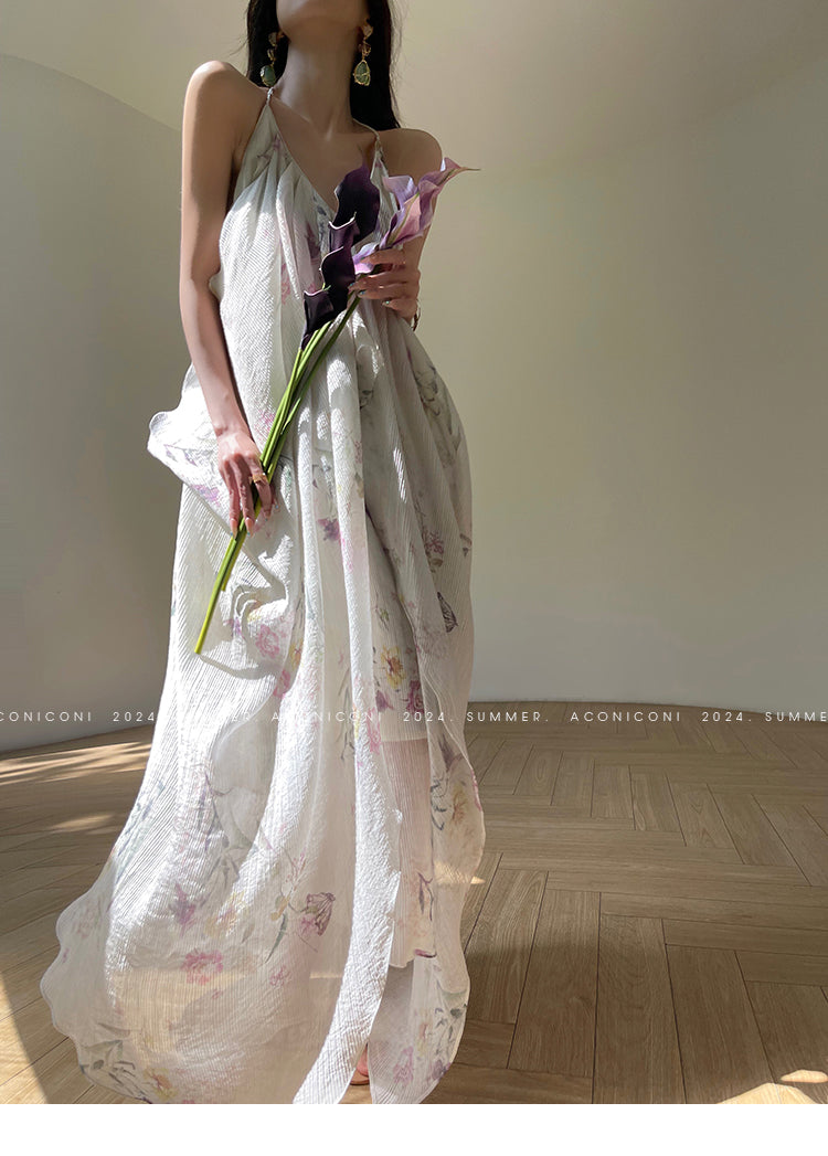 Aconiconi Elegant Halter V-Neck Sleeveless Loose Long Resort Goddess vacation Dress- Fengxin Orchid