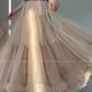 Aconiconi Elegant High Waist Ruffle Mesh Princess Long midi layered Skirt- Quiet Shadow Quicksand