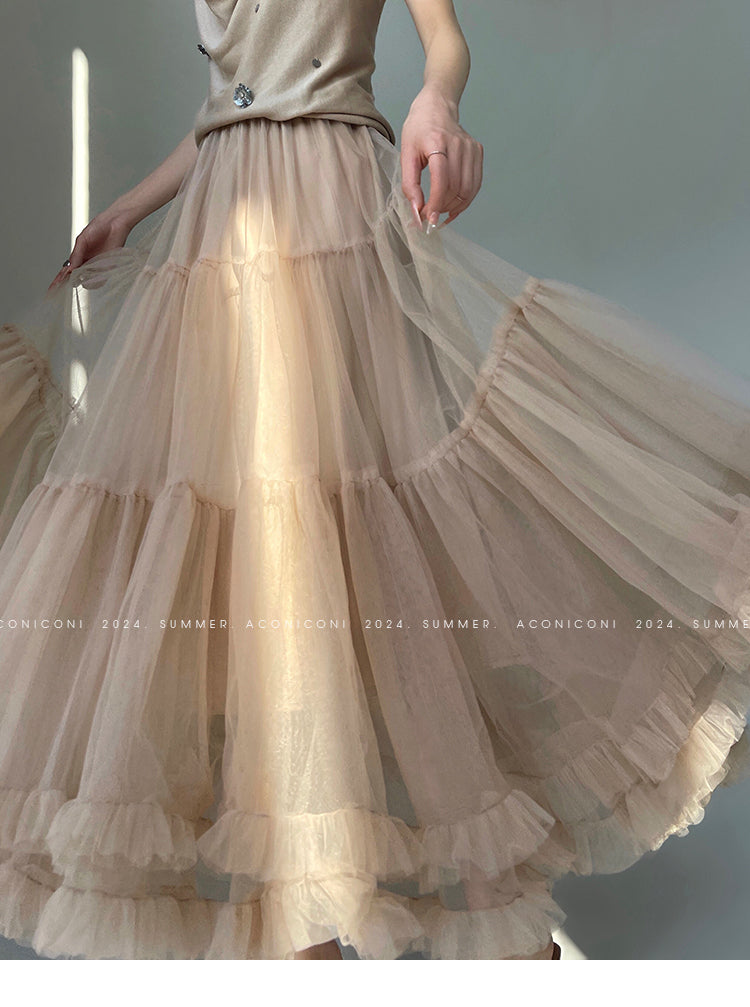 Aconiconi Elegant High Waist Ruffle Mesh Princess Long midi layered Skirt- Quiet Shadow Quicksand