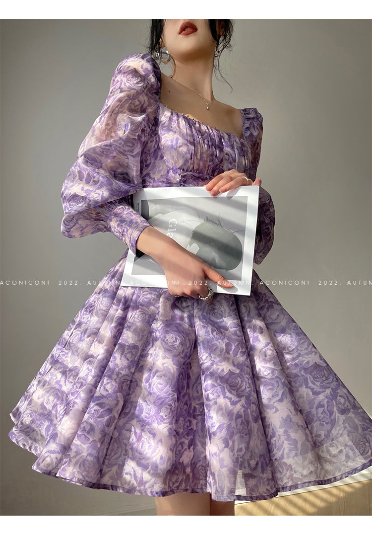 Aconiconi Square Collar Long Sleeve Tea Dress- Amethyst Water