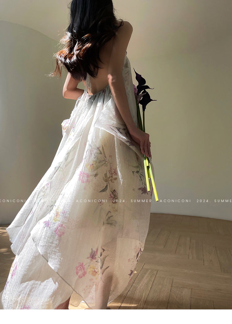 Aconiconi Elegant Halter V-Neck Sleeveless Loose Long Resort Goddess vacation Dress- Fengxin Orchid