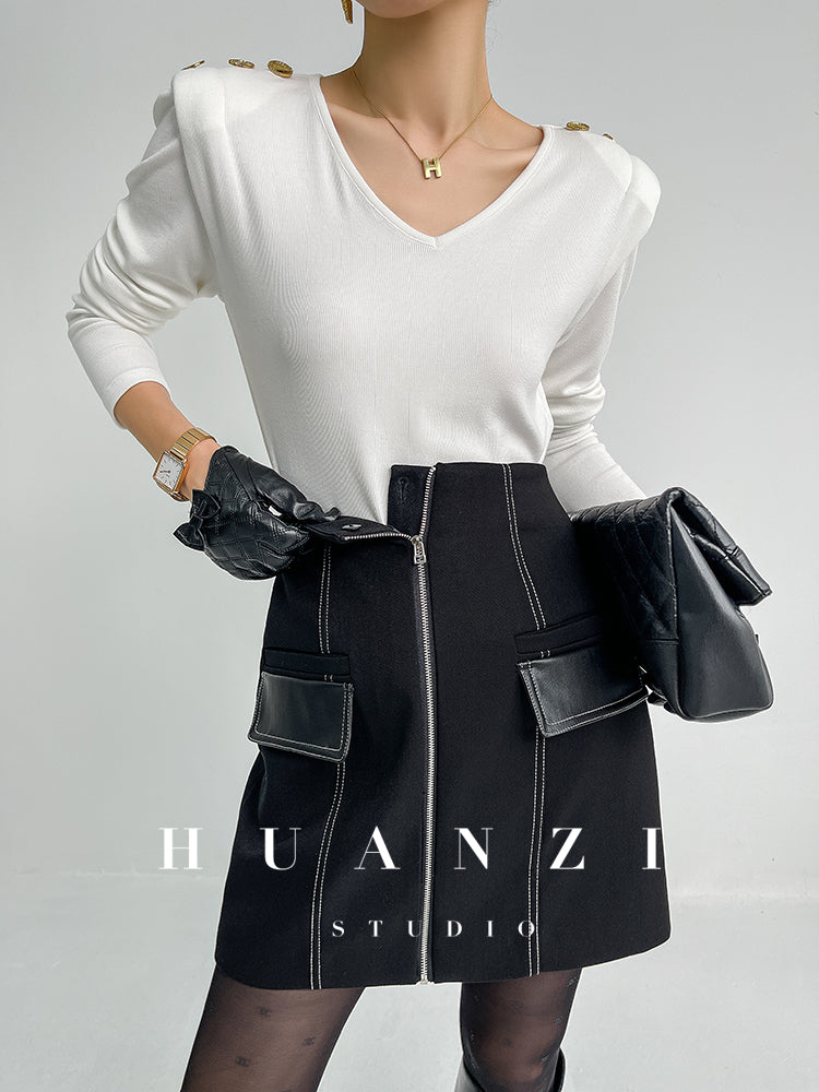 Huanzi  Autumn winter foreign style zipper high-waist skirt - Riwre