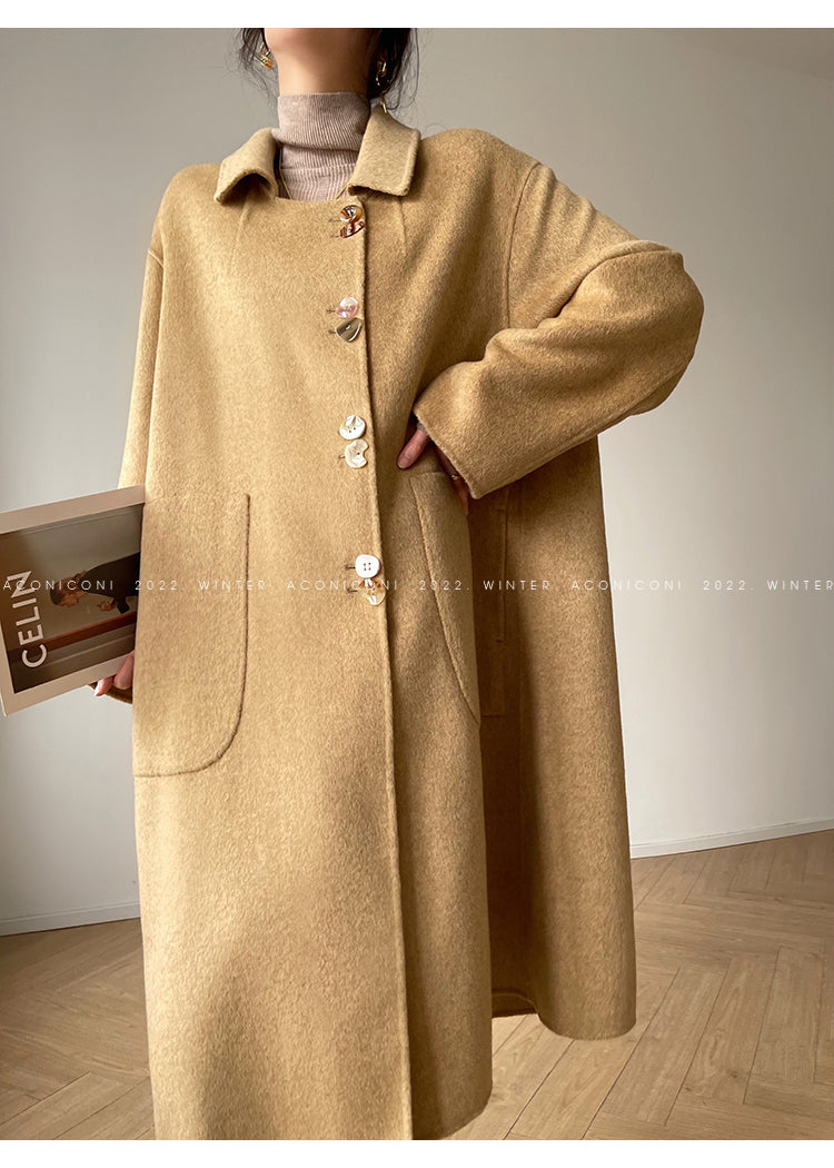 Aconiconi Caramel Tan Full Wool Double-Sided Tweed Women's Winter Couture Minimalist Long Coat- Cook