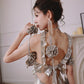 DOLLY Elegant Retro Sliver Gold Deep V-Neck Sleeveless Flower Long Cocktail Dress- Nisa