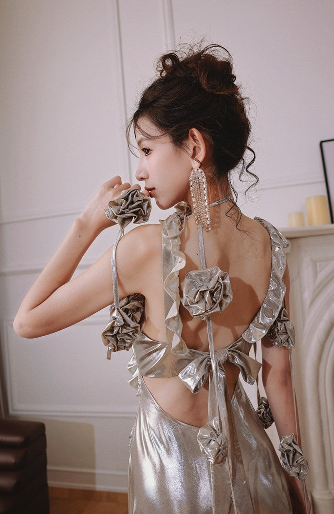 DOLLY Elegant Retro Sliver Gold Deep V-Neck Sleeveless Flower Long Cocktail Dress- Nisa