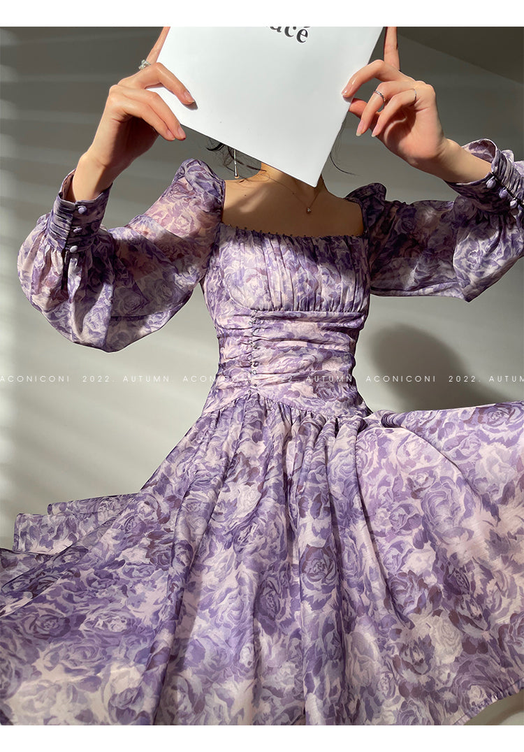 Aconiconi Square Collar Long Sleeve Tea Dress- Amethyst Water