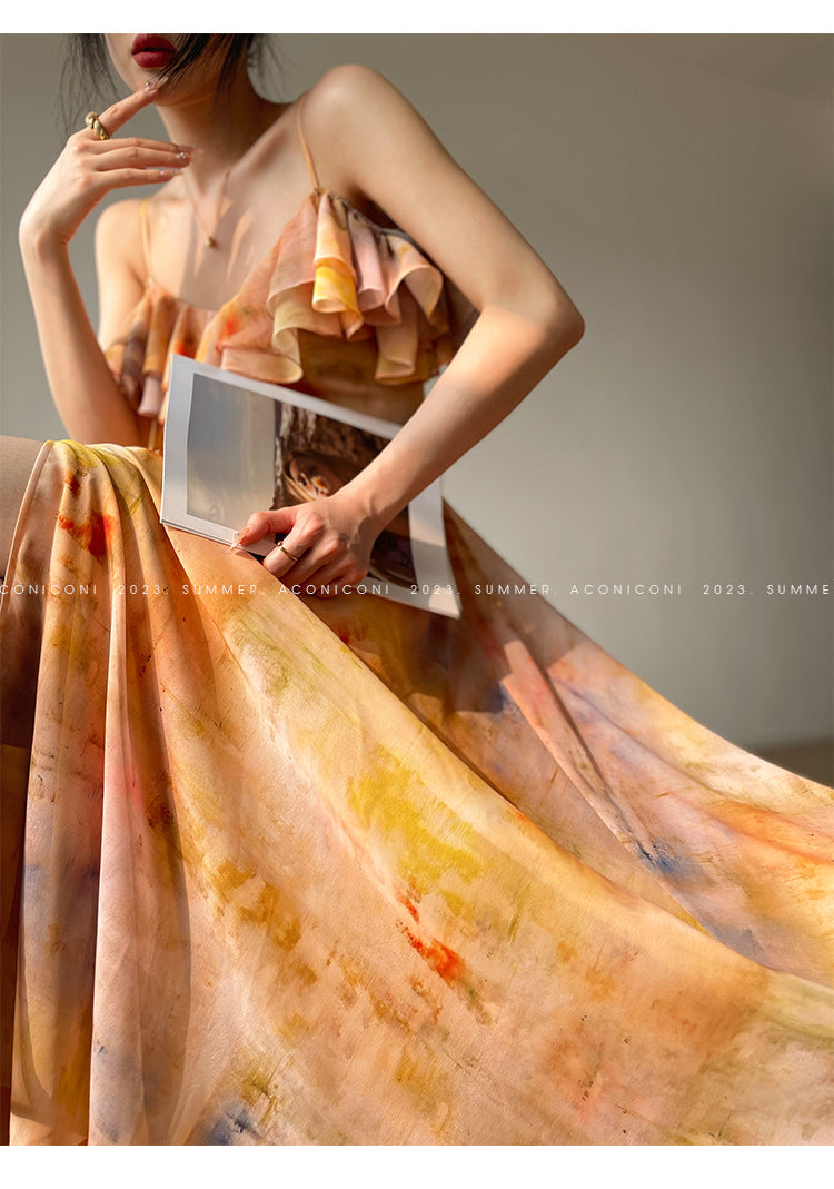 Aconiconi Elegant Oil Painting Square Collar Ruffle cocktail Dress- Floating Light Painting Summer