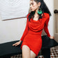 DOLLY Elegant Red Long Sleeve Hooded Slim Fit Hip Hug Short Part Dress-JUDY