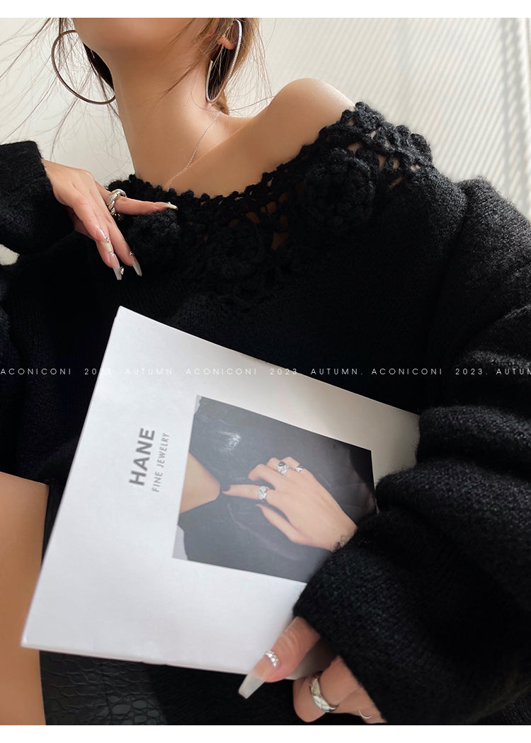 Aconiconi|Purple Flower Crochet openwork long cropped loose wool knit sweater  dress - Twilight