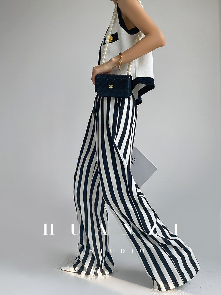 Huanzi high-end striped high-waist wide leg pants - Nuna