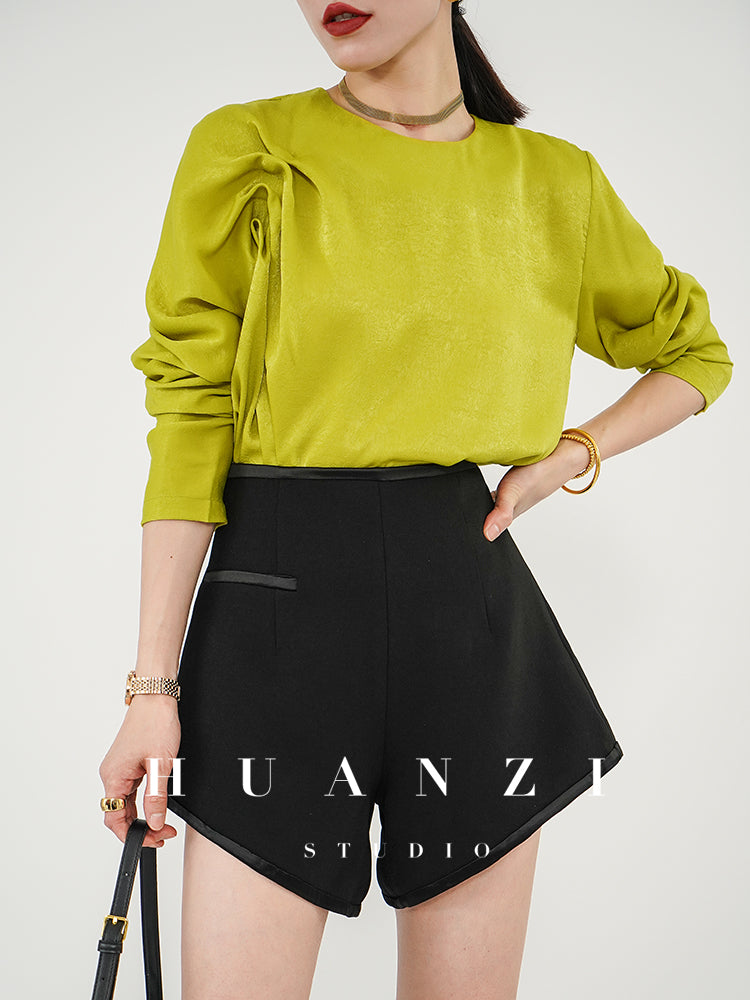 Huanzi silky satin pleated women's spring autumn long-sleeved top blouse - Aniy