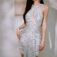 DOLLY High End White silver Glitter Deep V-Neck High Waist Long Party Dress-Xen