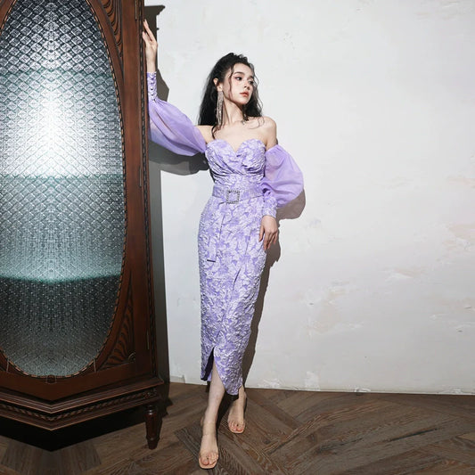 DOLLY Elegant Purple Puff Long Sleeve Off Shoulder Dinner Dress-GRISLLE