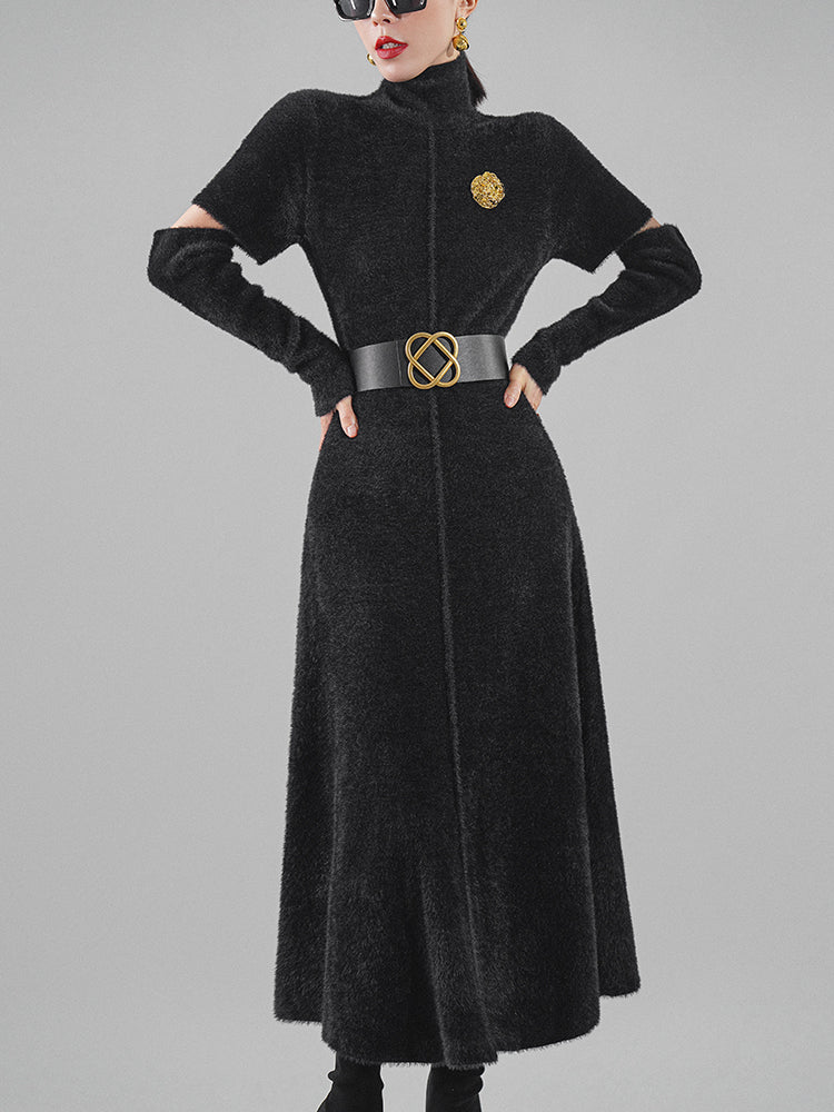 Huanzi French backless Hepburn black elegant mid-length autumn winter dress