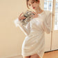 DOLLY Elegant White Crew Neck Long Sleeve Short Sequin Sexy Birthday Dress-LAYLA