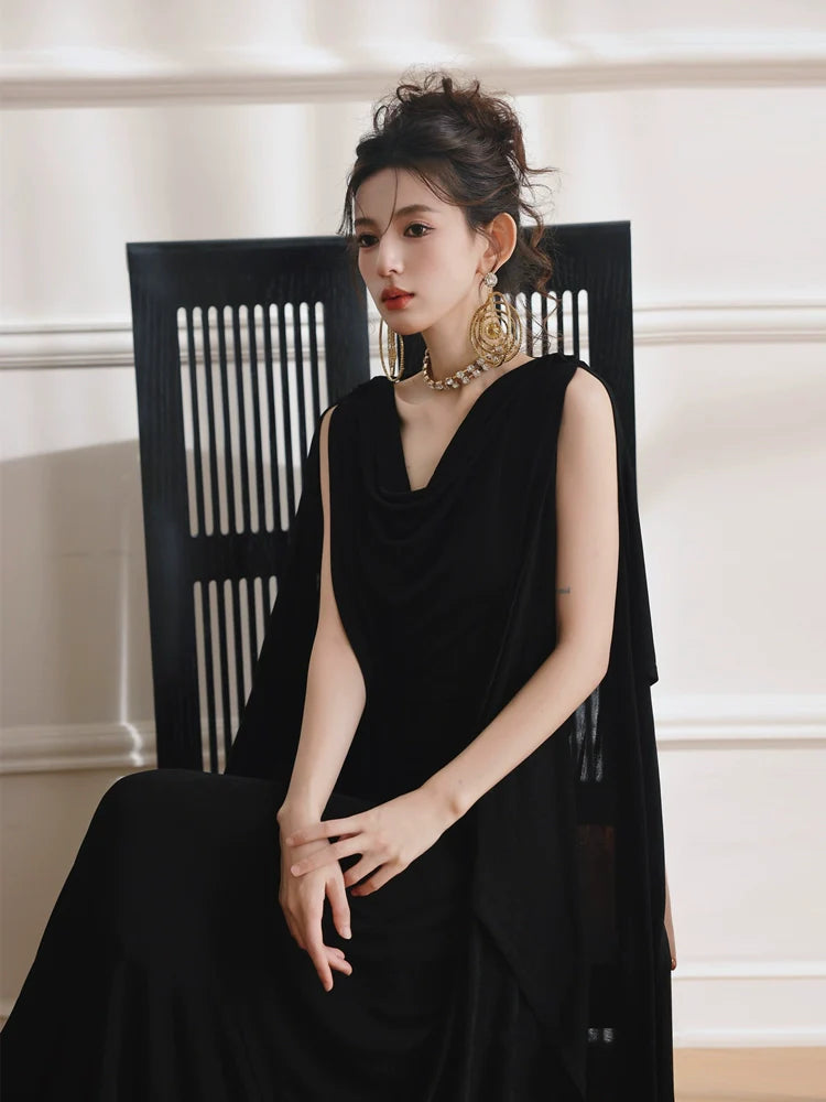 DOLLY Elegant Black Swing Collar Sleeveless Open Back Drape Dress-Kaka (V)