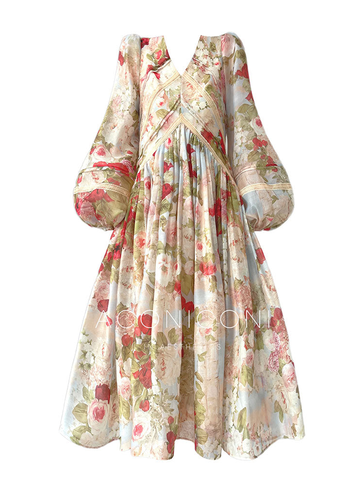 Aconiconi Elegant French Floral Print V-Neck Lantern Sleeve short Dress- Hanano Hatsugaki