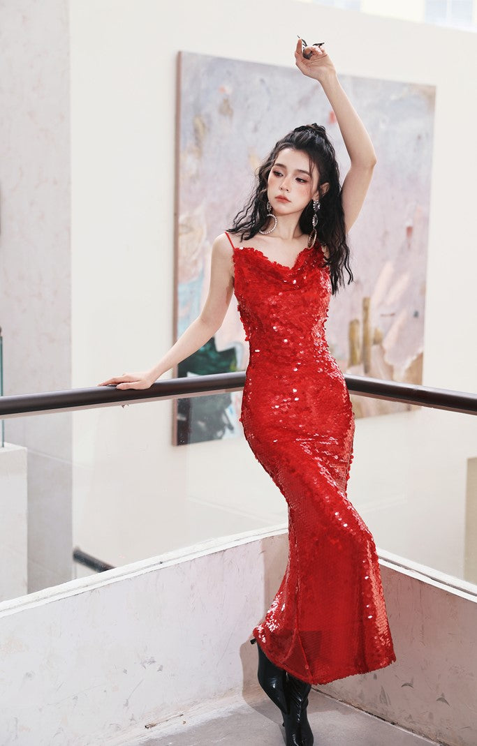 DOLLY Elegant Red French Sleeveless Sequin Backless Long Cocktail Dress-Quin