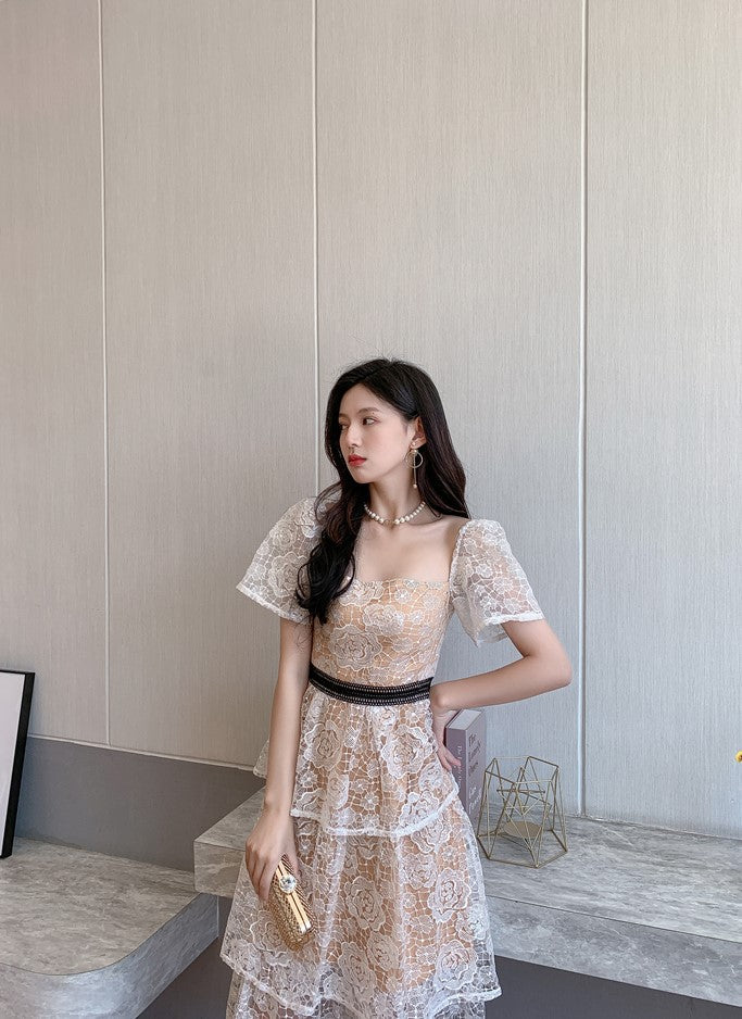 DOLLY Luxury French Style Square Collar Short Puff Sleeves Long Lace Cake Dress-POKIE