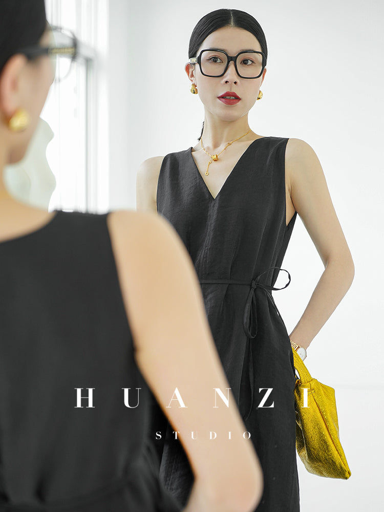 Huanzi custom high-end long sleeveless V-neck dress summer - Miel