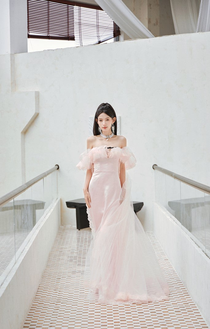 DOLLY Elegant Pastel pink Ruffle Sleeves Long Party Dress- Mina