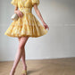 Aconiconi Elegant Yellow V-NeckPuff Sleeve Vacation Dress- Manshan