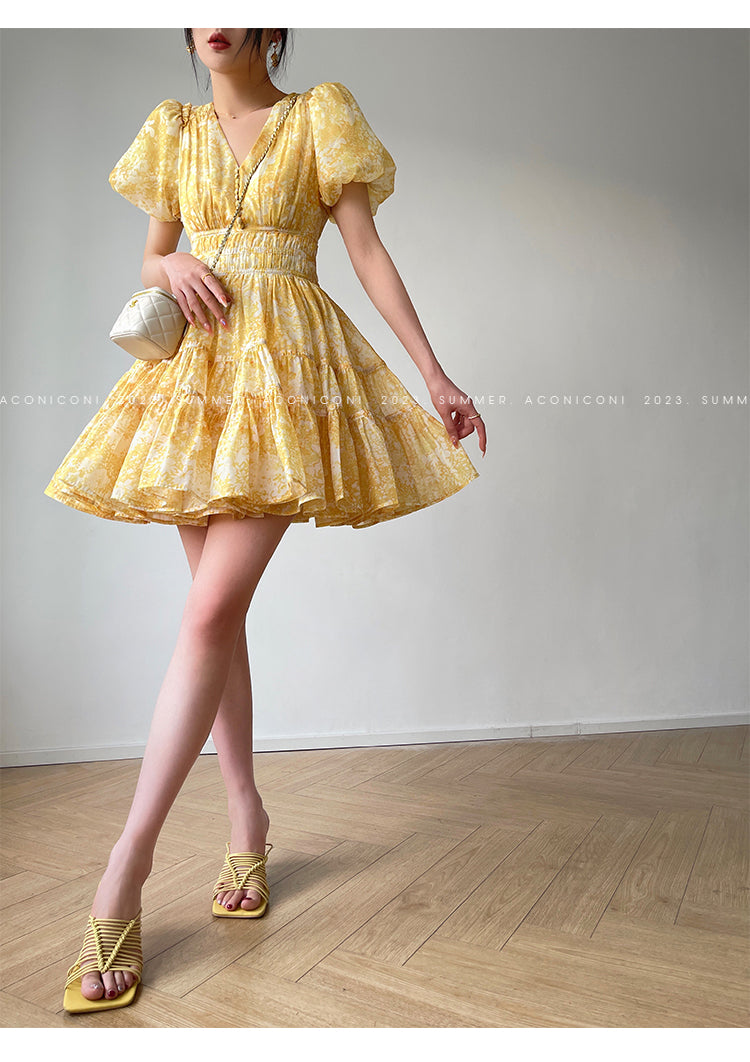 Aconiconi Elegant Yellow V-NeckPuff Sleeve Vacation Dress- Manshan