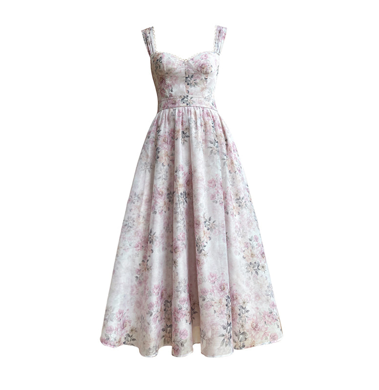 Aconiconi Elegant French Lace Print Long Summer Dress- Spring Pond Flowers