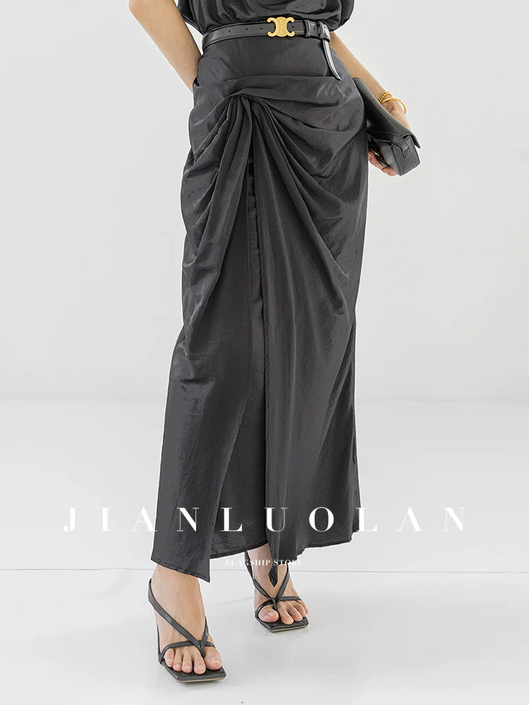 Huanzi custom pleated short-sleeved top + high-waisted heavy kneaded pleated shape split skirt suit