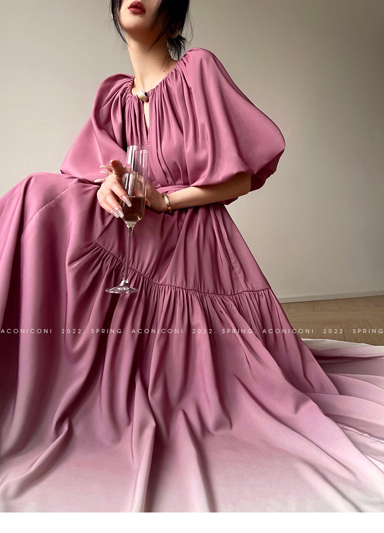 Aconiconi Elegant Grape Gradient V-Neck Puff Sleeve Loose Long Dress- Grape Cotton Cloud