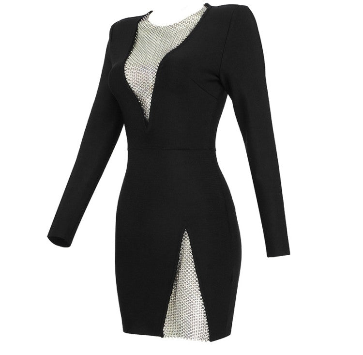 DOLLY Elegant V-Neck Long Sleeve Body Hug Rhinestone Short Sexy Party Dress-ZENA