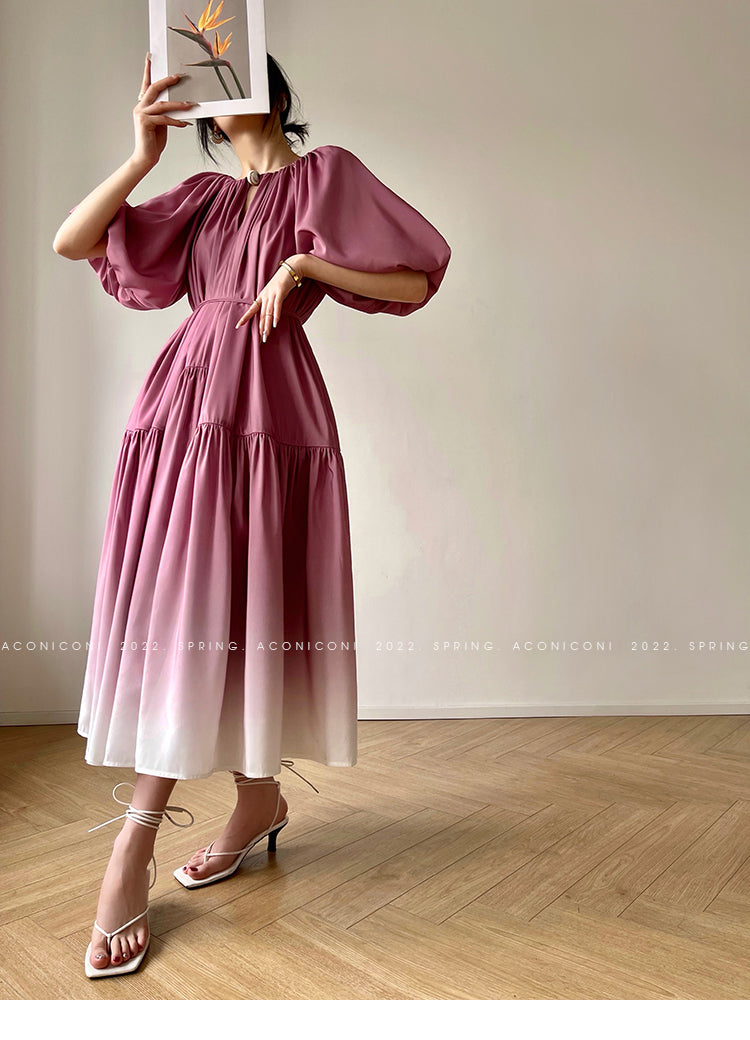 Aconiconi Elegant Grape Gradient V-Neck Puff Sleeve Loose Long Dress- Grape Cotton Cloud