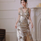DOLLY Elegant Retro Sliver Gold Deep V-Neck Sleeveless Flower Long Cocktail Dress- Nisa