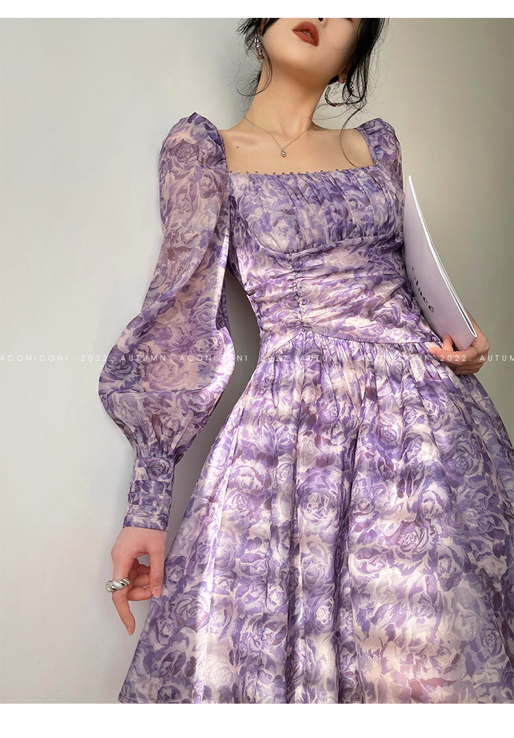 Aconiconi Square Collar Long Sleeve Tea Dress- Amethyst Water