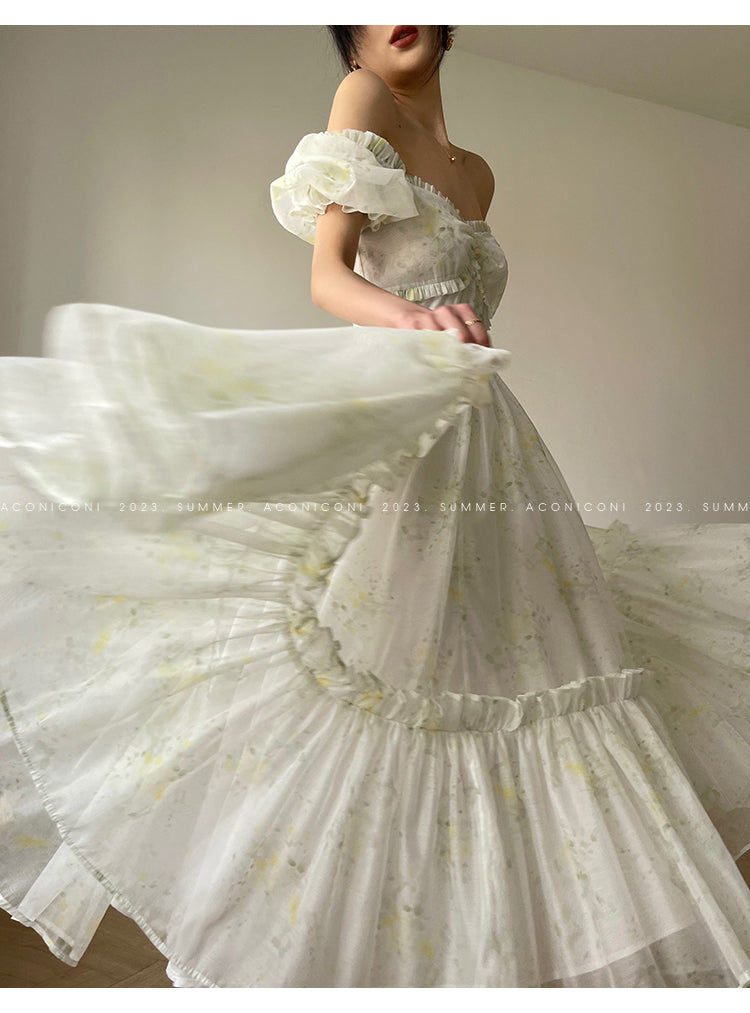 Aconiconi Luxury Off White floral print Puff Sleeve French cottaage bridal Dress- Yurui Chuning