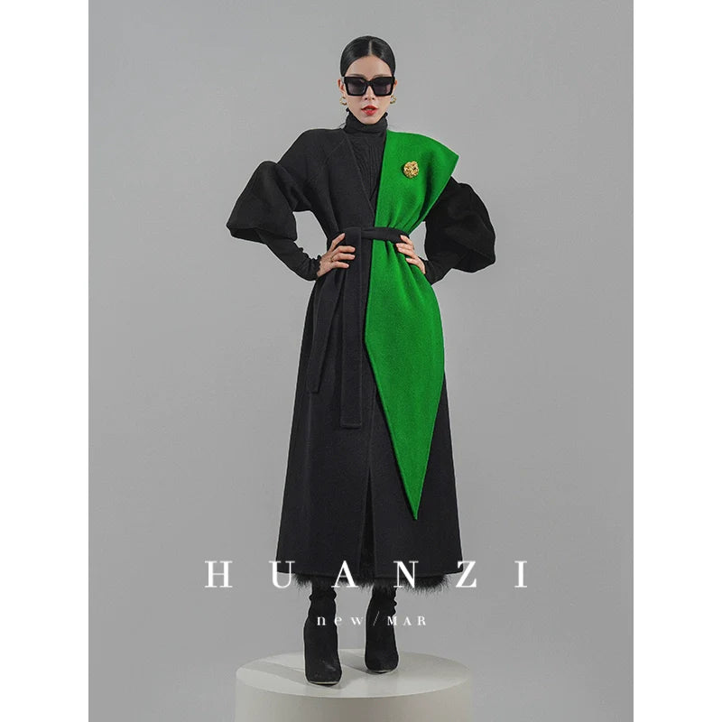 Huanzi designer double-sided cashmere coat mid-length contrast autumn  winter wool coat - Time