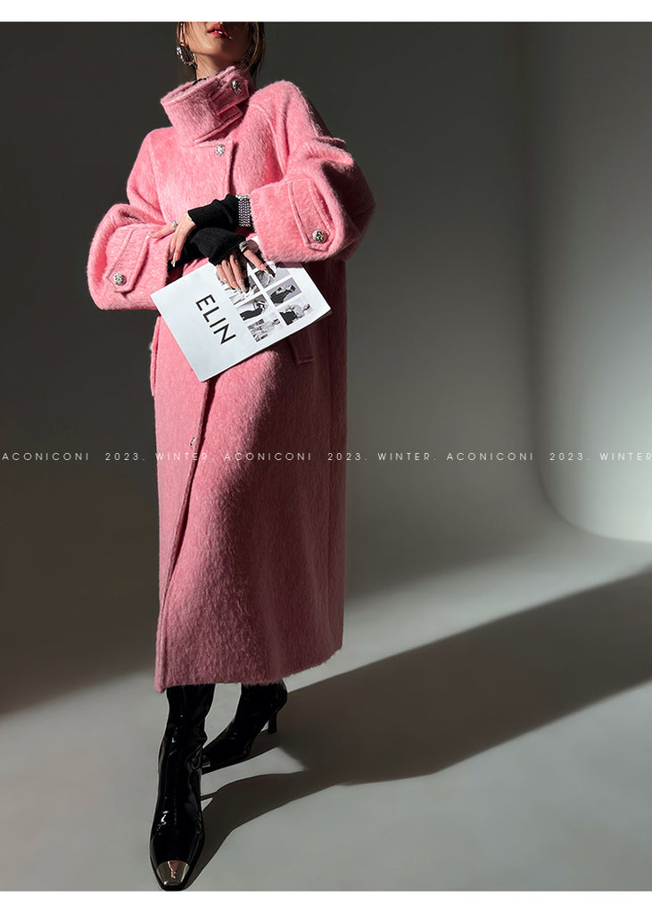 Luxury full Winter Coat Bubble gum Pink Inkstone wool long coat - Lanshan