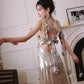 DOLLY Elegant Retro Sliver Gold Deep V-Neck Sleeveless Flower Long Cocktail Dress- Nisa